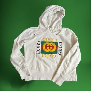 GUCCI Vintage Double Ring Logo Printed Hooded Drawstring Sweatshirt Ecru/Cream